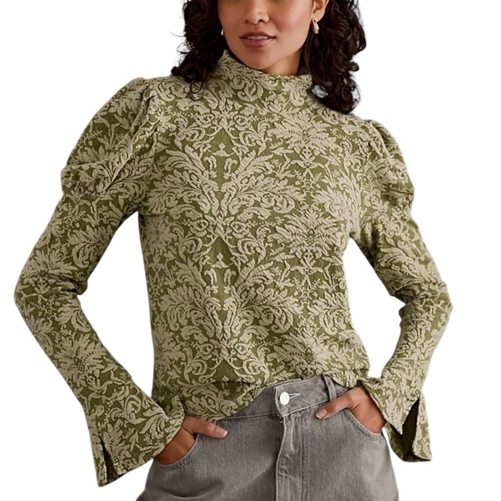 Anthropologie Jacquard Coquette Top Small Bow Boho Prairie Bell Puff Sleeve - Picture 2 of 15